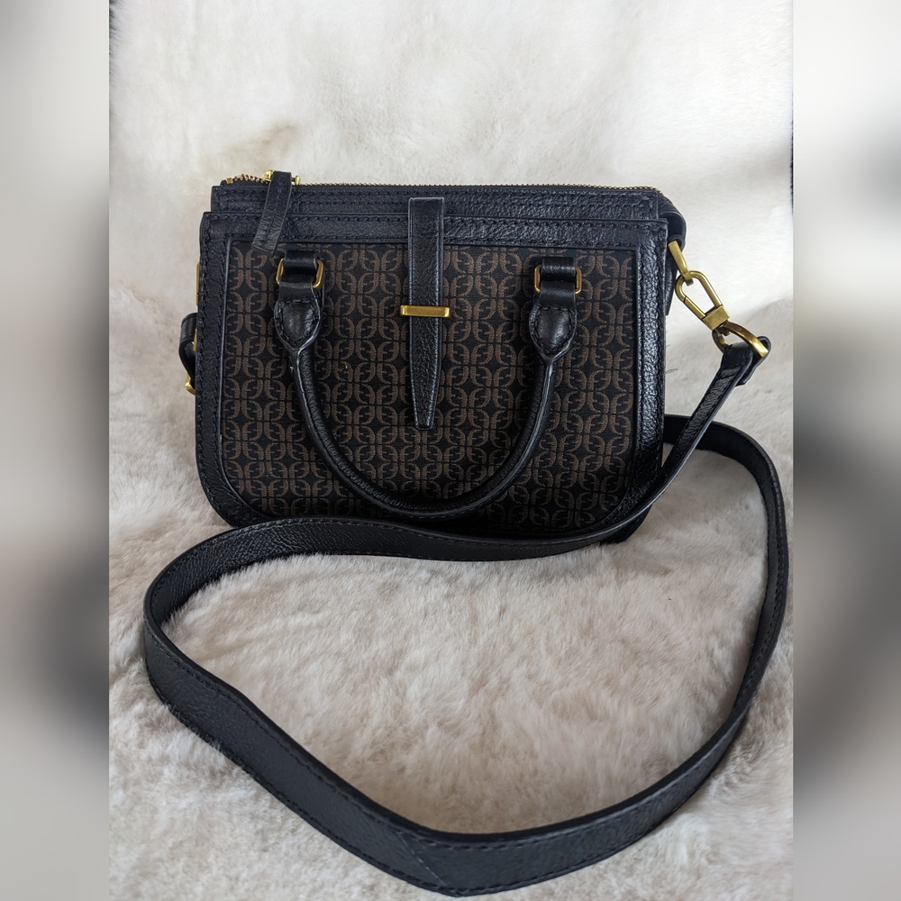 Fossil Ryder Jacquard Signature Small Leather Satchel Black and Brown